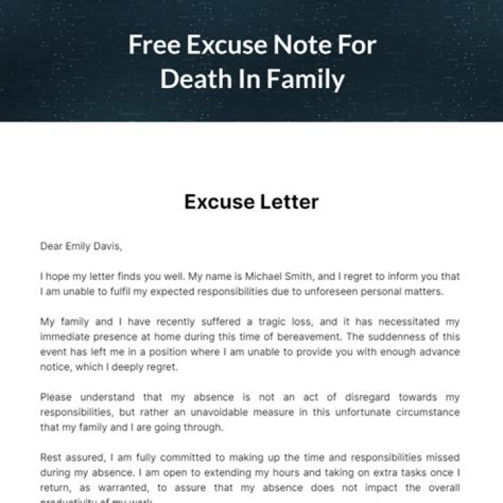 How do you write a excuse letter for death